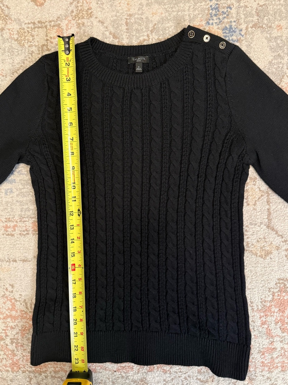 Talbots Petite Black Cable Knit Shoulder Button Sweater SP - Picture 11 of 11
